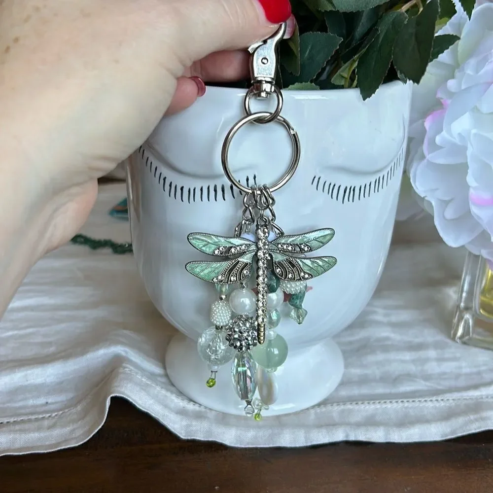 Hand made key chain dragonfly with stones NeW